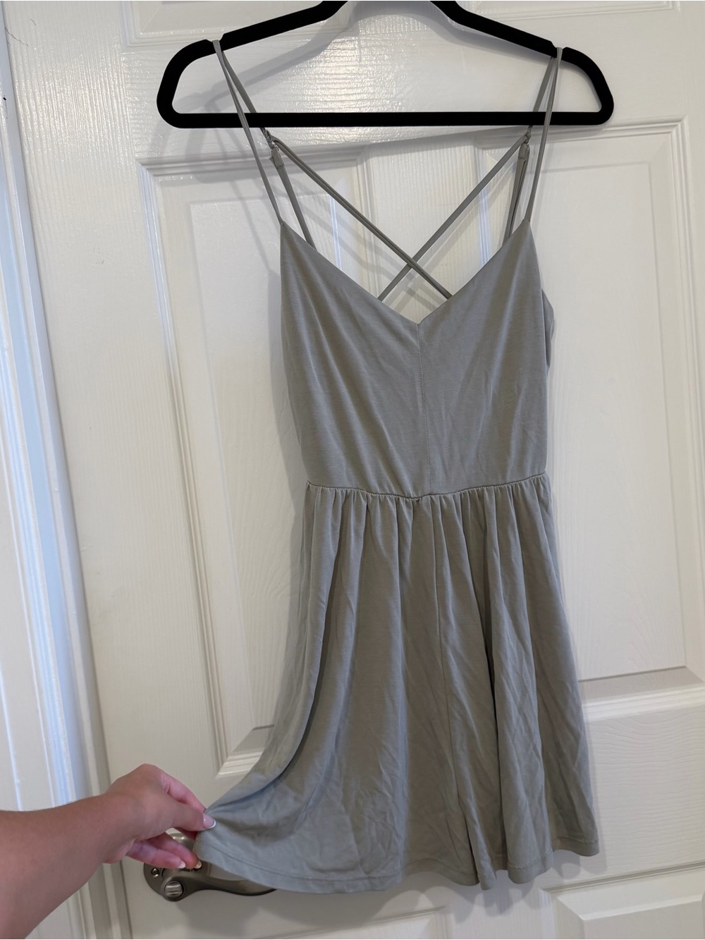 Lush Light Sage/Gray Strappy V-Neck Romper